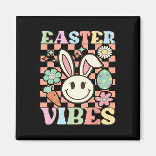 Retro Groovy Easter Vibes Bunny Chequered Smile Wo Magnet