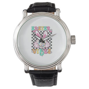 Retro Groovy Easter Vibes Bunny Chequered Smile Wo Watch