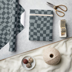 retro groovy elegant grey wavy checkered  wrapping paper