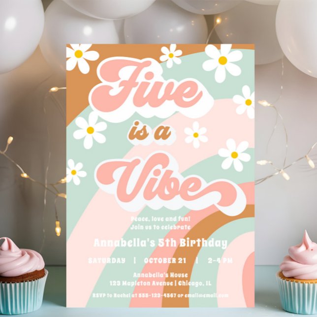 Retro Groovy FIVE is a Vibe 5th birthday party Invitation (Creator Uploaded)