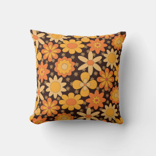 Retro Groovy Floral 70s Orange Yellow  Cushion