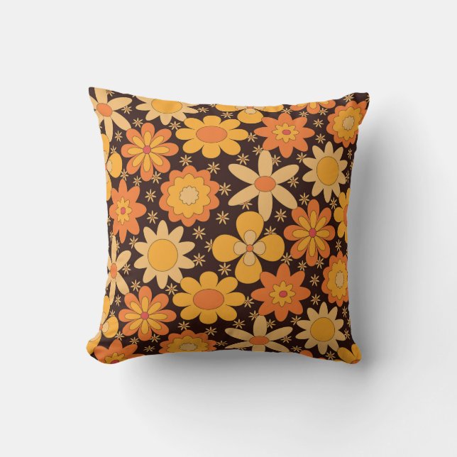 Retro Groovy Floral 70s Orange Yellow  Cushion (Front)