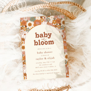 Retro Groovy Floral Arch Baby in Bloom   Neutral Invitation