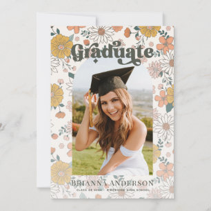 Retro Groovy Floral Arch Graduation Photo Invitation