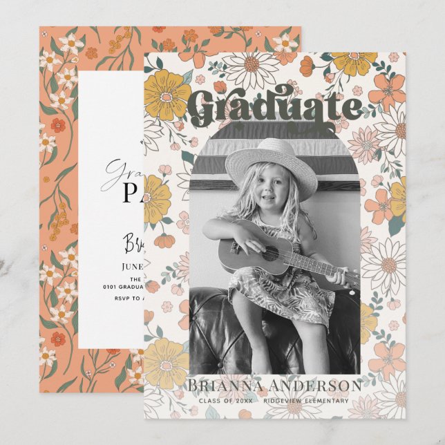 Retro Groovy Floral Arch Photo Kids Graduation Invitation (Front/Back)