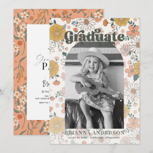 Retro Groovy Floral Arch Photo Kids Graduation Invitation
