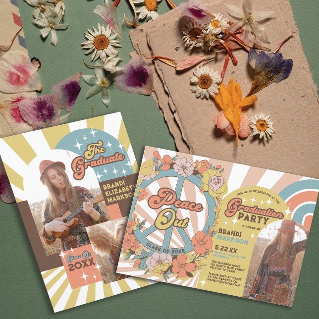 Retro Groovy Floral Arches Photo Graduation Party Invitation (Creator Uploaded)