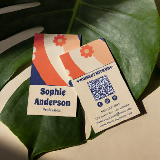 Retro Groovy Floral Business Card with QR Code