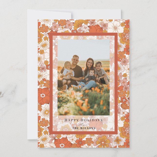 Retro Groovy Floral Christmas Holiday Photo Card (Front)