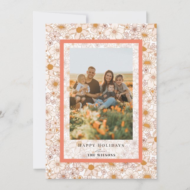 Retro Groovy Floral Christmas Holiday Photo Card (Front)