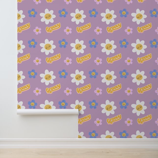 Retro Groovy Floral Daisies Purple Home Wallpaper (Application)