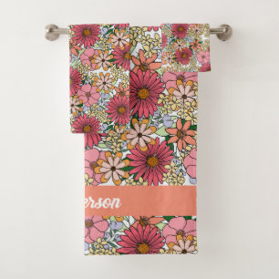 Retro Groovy Floral Daisy Boho Bath Towel Set