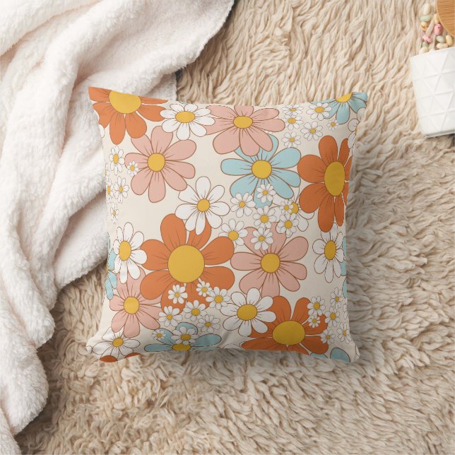 Retro Groovy Floral Daisy Seamless Pattern Cushion (Blanket)