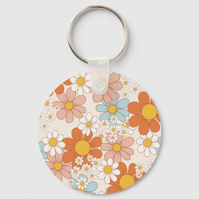 Retro Groovy Floral Daisy Seamless Pattern Key Ring (Front)