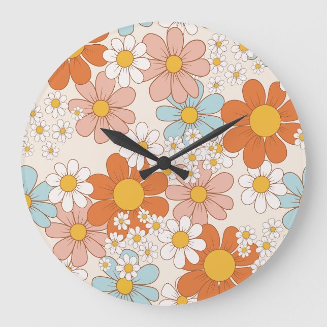 Retro Groovy Floral Daisy Seamless Pattern Large Clock (Front)