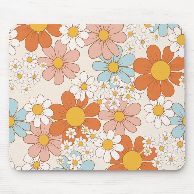 Retro Groovy Floral Daisy Seamless Pattern Mouse Mat (Front)