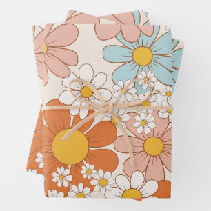 Retro Groovy Floral Daisy Seamless Pattern Wrapping Paper Sheet