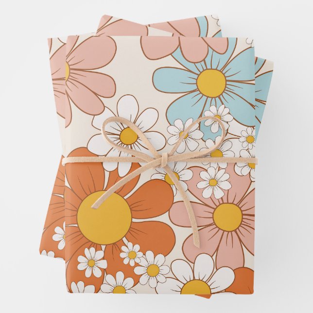 Retro Groovy Floral Daisy Seamless Pattern Wrapping Paper Sheet (In situ)