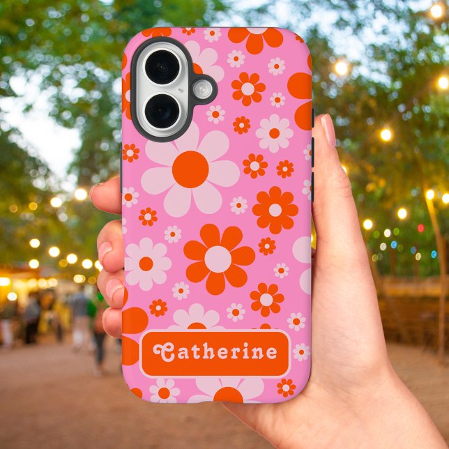Retro Groovy Floral Orange Pink Personalised Case-Mate iPhone Case (Personalized Modern stylish retro floral pink and orange iPhone 16 case simple 70s daisy pattern)