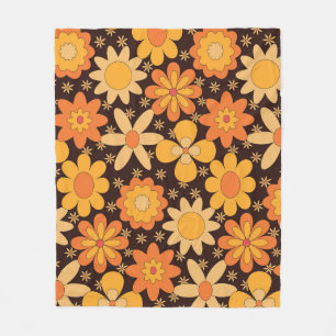 Retro Groovy Floral pattern Yellow and  Orange   Fleece Blanket