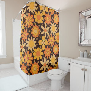 Retro Groovy Floral pattern Yellow and Orange Shower Curtain
