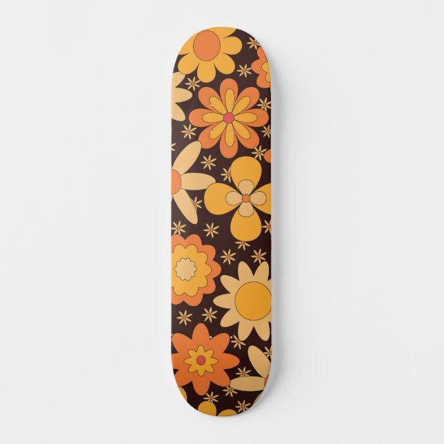 Retro Groovy Floral pattern Yellow and  Orange  Skateboard (Front)