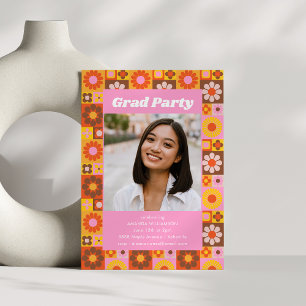 Retro Groovy Floral Pink Graduation Party Photo Invitation