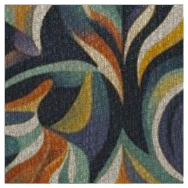 Retro Groovy Floral Swirl Navy Teal Orange Pattern Fabric (Swatch)