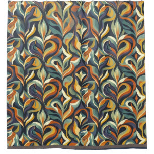 Retro Groovy Floral Swirl Navy Teal Orange Pattern Shower Curtain