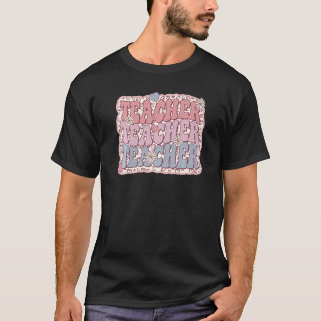 Retro Groovy Floral Teacher Valentines Day Mens Wo T-Shirt (Front)