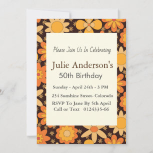 Retro Groovy Floral Yellow  Orange 5oth Birthday  Invitation