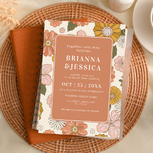 Retro Groovy Flower Pattern Photo Monogram Wedding Invitation