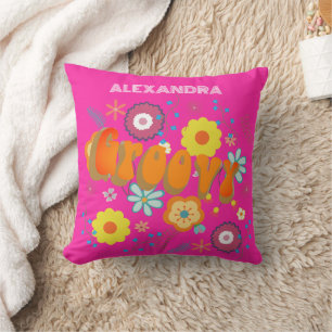 Retro Groovy Flower Power Hot Pink  Cushion