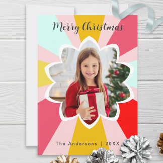 Retro Groovy Flower Sunburst Photo Merry Christmas Holiday Card