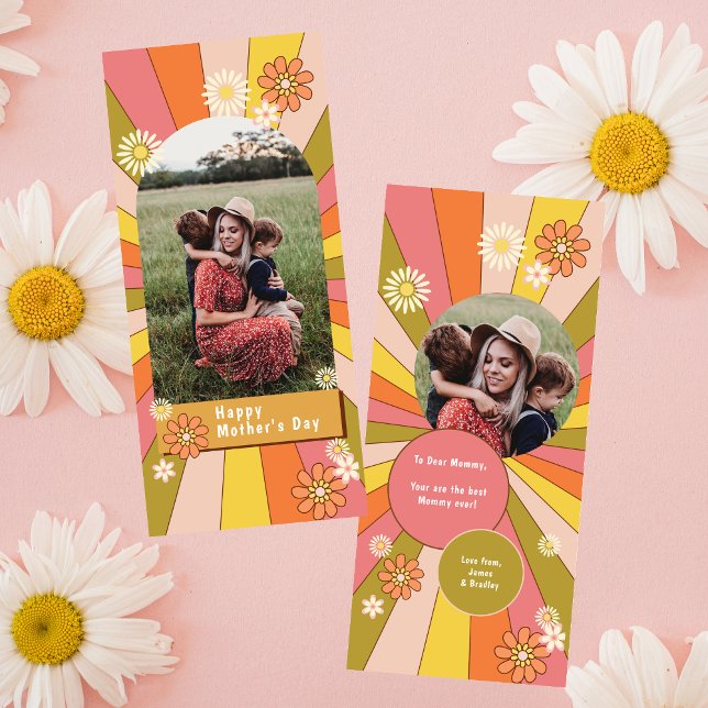 Retro Groovy Flowers Mother's Day Photo Card (Creator Uploaded)