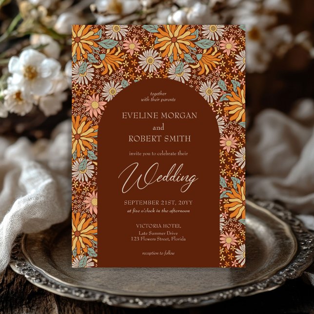 Retro groovy flowers terracotta orange sage arch invitation (retro groovy flowers terracotta orange sage green arched wedding invitation)