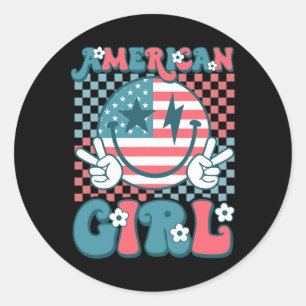 Retro Groovy Fourth 4th Of July Smile American Gir Classic Round Sticker