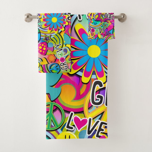 Retro Groovy FUN 60's Sixties Funky Colourful Bath Towel Set (Insitu)