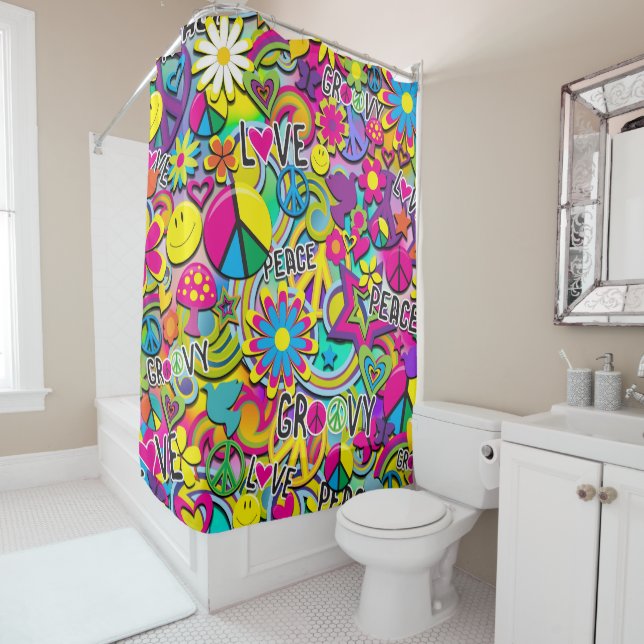 Retro Groovy FUN 60's Sixties Funky Colourful Shower Curtain (In Situ)