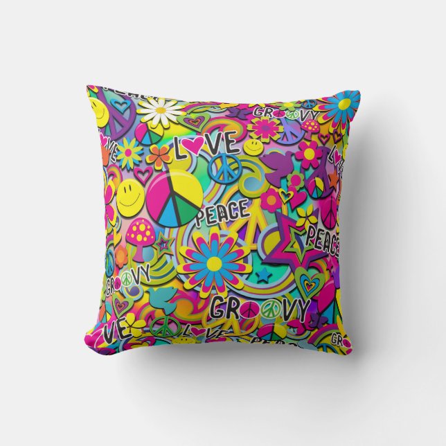 Retro Groovy FUN 60's Sixties Love Colourful Funky Cushion (Front)