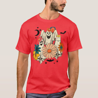 Retro Groovy Ghost Floral Halloween Spooky Season  T-Shirt