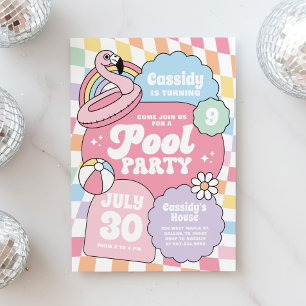 Retro Groovy Girl Chequered Pool Party Birthday Invitation
