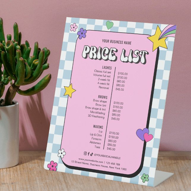 Retro Groovy Girly Pink Beauty Salon Price List Pedestal Sign (Embrace the groove and stand out with this trendy retro pink business price list pedestal sign)