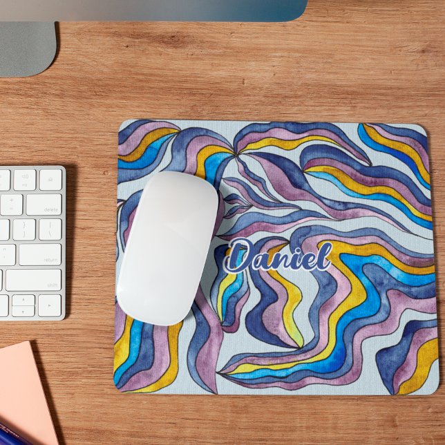 Retro Groovy Green Blue Purple Wavy Script Name Mouse Mat (Front)