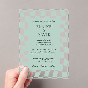 Retro Groovy Green Checkerboard Wedding Acrylic Invitations