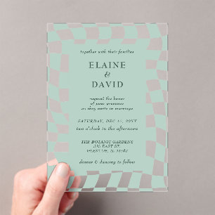 Retro Groovy Green Chequerboard Wedding Acrylic Invitations