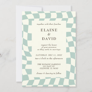Retro Groovy Green Chequerboard Wedding Invitation