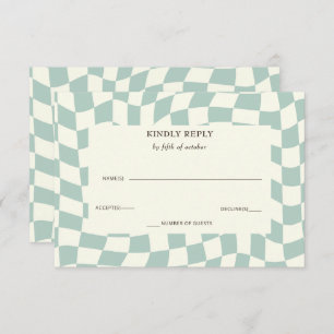 Retro Groovy Green Chequerboard Wedding  RSVP Card