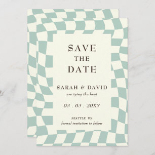 Retro Groovy Green Chequerboard Wedding Save The Date