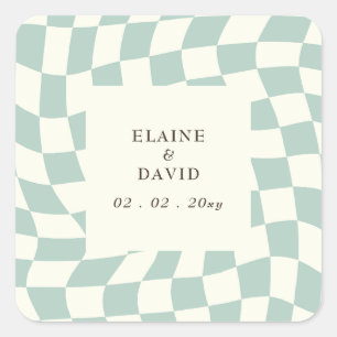 Retro Groovy Green Chequerboard Wedding Square Sticker
